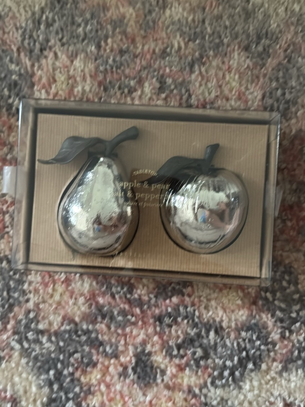 Pottery Barn Apple & Pear Salt and Pepper Shakers - Silver Decorative Set